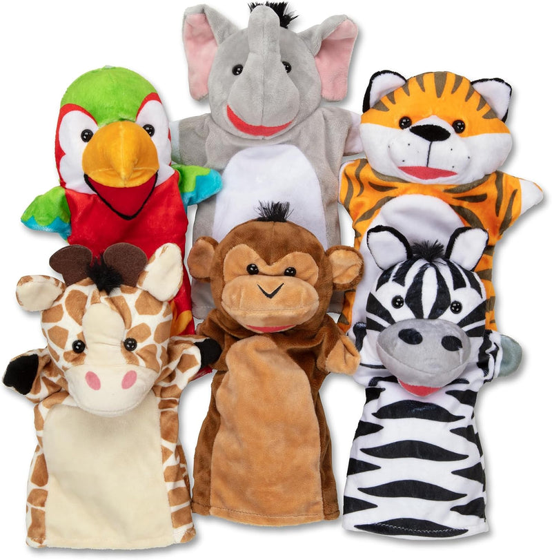Melissa & Doug Safari Puppet Set 6-Piece Soft Plush Animal H& Puppets Featuring Lion, Elephant, Parrot, Giraffe, Monkey & Zebra Pretend Play Toy for Kids Ages 2+ MD9118 - Safari Buddies Hand Puppets Standard Packaging