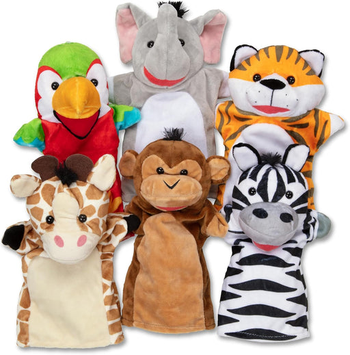Melissa & Doug Safari Puppet Set 6-Piece Soft Plush Animal H& Puppets Featuring Lion, Elephant, Parrot, Giraffe, Monkey & Zebra Pretend Play Toy for Kids Ages 2+ MD9118 - Safari Buddies Hand Puppets Standard Packaging