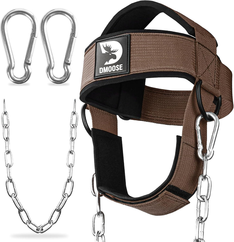 DMoose Neck Harness for Weight Lifting - 30" Heavy Duty Steel Chain - Neck Exerciser, Trainer & Strengthener for Injury Recovery Support & Workout- Adjustable Head & Chin Strap