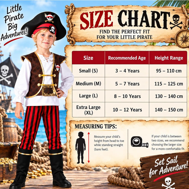 Doodle Kiddo Pirate Costume for Kids 3-12 Years Halloween Pirate Outfit with Hat, Vest, Pants & Eye Patch Fancy Dress & Pretend Play Costume for Kids & Toddlers