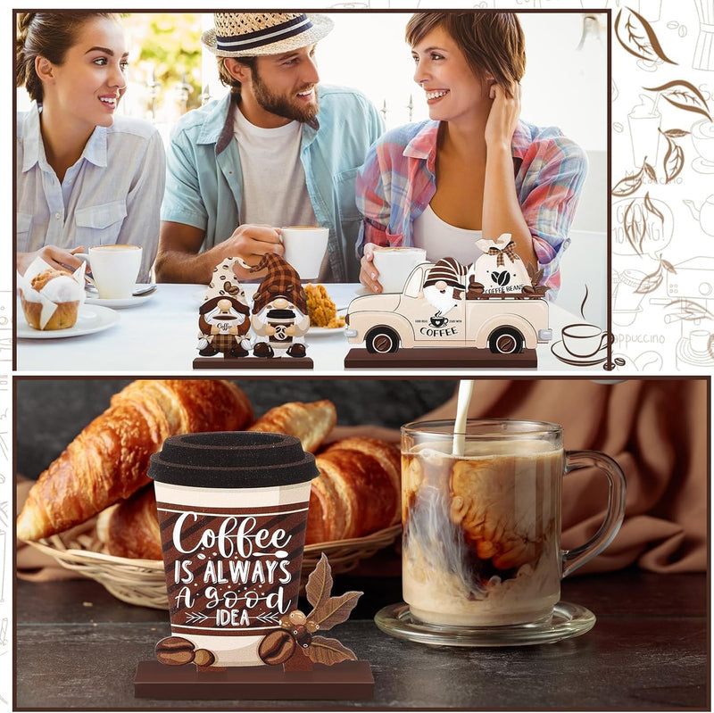 6Pcs Farmhouse Coffee Bar Decor, Azonee Rustic Gnomes, Table Signs & Wood Tiered Tray Centerpiece for Coffee Station, Ideal for Home Kitchen & Office