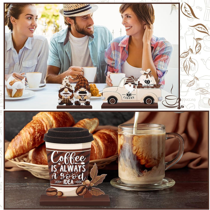 6Pcs Farmhouse Coffee Bar Decor, Azonee Rustic Gnomes, Table Signs & Wood Tiered Tray Centerpiece for Coffee Station, Ideal for Home Kitchen & Office
