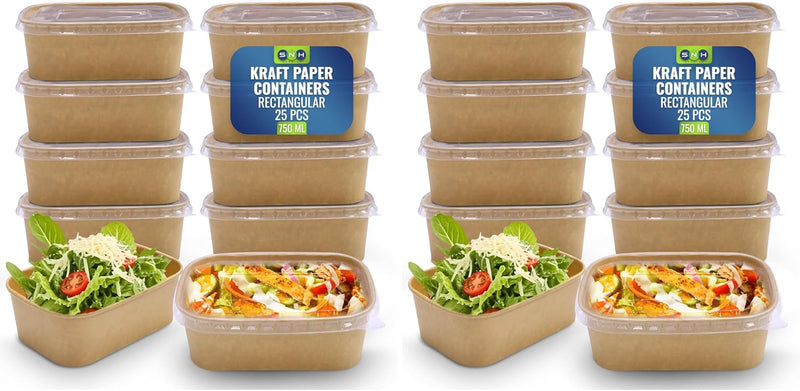 Disposable 25-Pack Kraft Paper Containers 500 ml with Lid, Rectangular Disposable Bowls, Sturdy Food Salad Containers, Eco-Friendly Takeaway Lunch Boxes, Microwave Safe, Heavy Duty Meal Prep Box - Brown (Pack 25) 750 ml (Pack of 2)