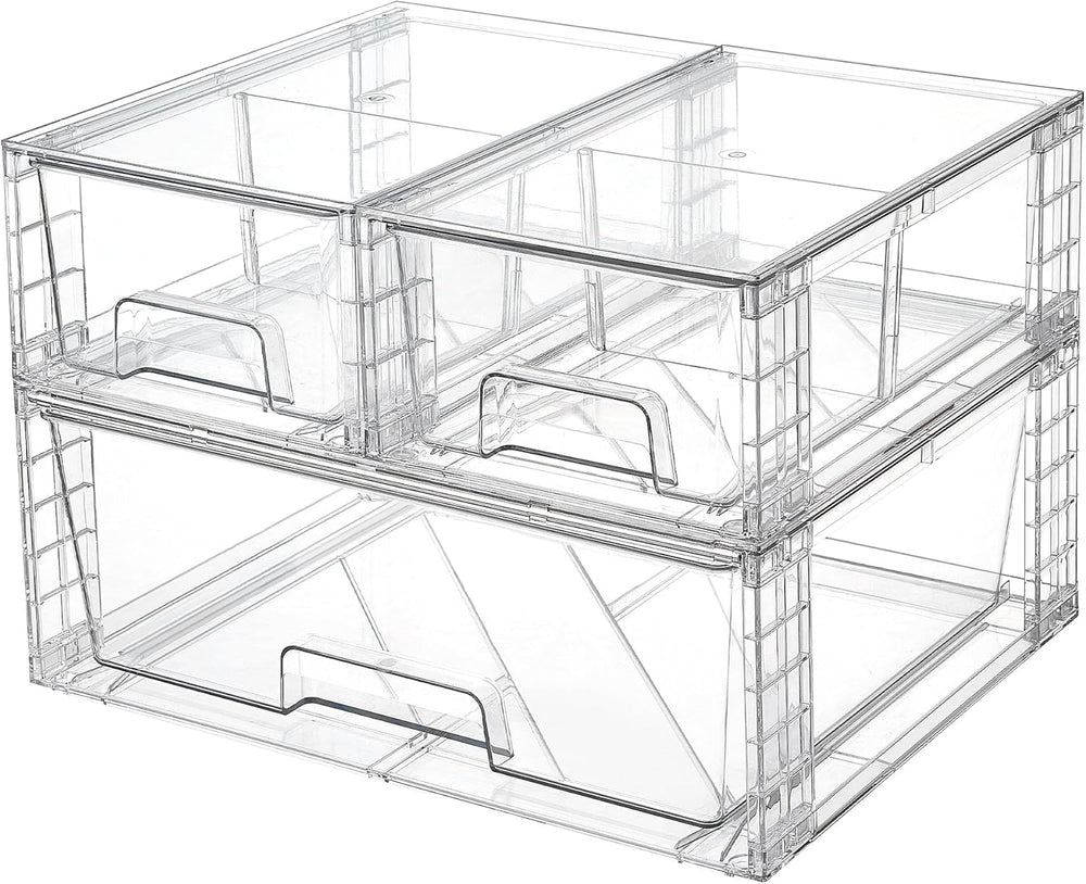 4 Large Stackable Clear Acrylic Drawer Organizer with Handles, Easy Assembly for Bathroom, Kitchen Cabinet, Closet, Makeup
