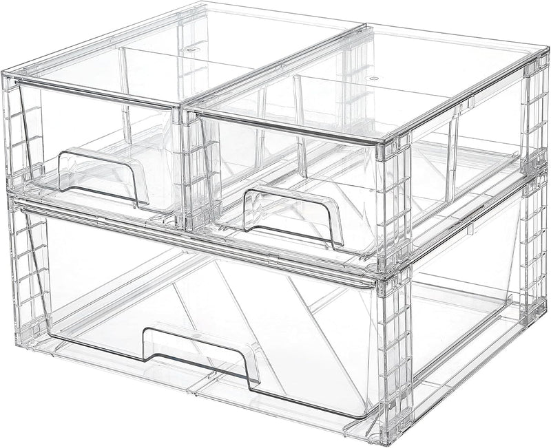 4 Pack Large Stackable Storage Drawers, Easily Assemble Acrylic Bathroom Closet Undersink Organizers, Plastic Storage Bins for Kitchen Cabinets, Pantry, Makeup, Medicine Organization - 3er-Set - Kombination (1x Breit + 2x Klein)