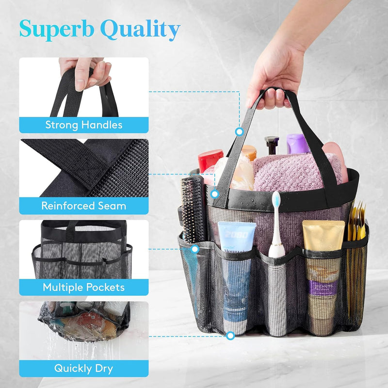 Mesh Shower Caddy with 7 Pockets and Handle, Portable Hanging Organizer Basket for College Dorm Room Essentials, Quick Dry Tote Bag for Camping, Bathroom, Beach, Travel, Black