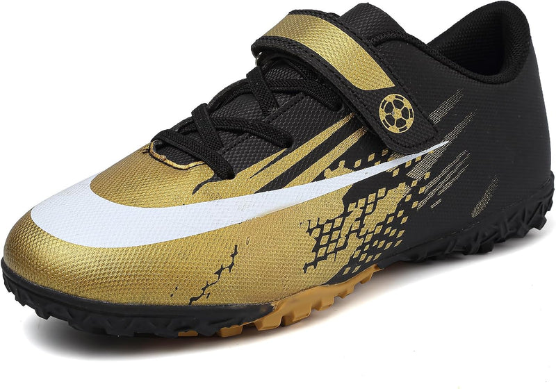 Boys Soccer Shoes Kids Girls Astro Turf Trainers Firm Ground Cleats Football Boots Outdoor Sneakers Athletic Sport Shoes Teenager Professional Football Shoes - Black/Gold