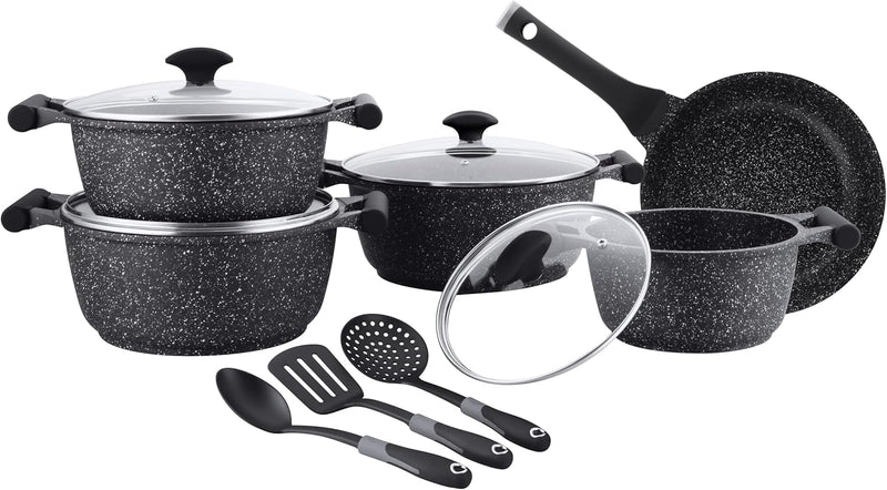 Prestige Essentials Granite 12 Piece Non-Stick Cast Aluminium Cookware sets Induction Base Non Stick Aluminium Granite Casserole Granite Fry Pan Blue - Black