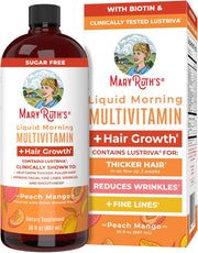 MaryRuth's Liquid Multivitamin + Lustriva Hair Growth for Women Biotin 10000mcg Vitamin D B Vitamins Clinically Tested for Thicker Hair, Wrinkles, Fine Lines, Skin Care Ages 18+ 30 Fl Oz - Peach Mango 890 ml (Pack of 1)