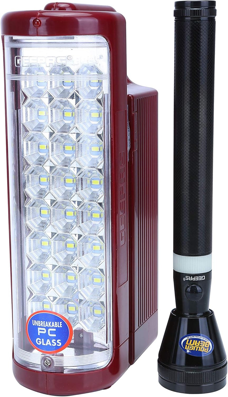 Geepas Rechargeable LED Lantern & 1Pc Torch Emergency Lantern with Light Dimmer Function 24 Pcs Super Bright LEDs, 20Hours Working Lantern Ideal for Outings, Trekking, Campaigning & More