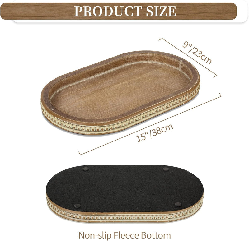 Hanobe Decorative Serving Tray Wood: White Washed Bead Round Tray Decor for Coffee Table Rustic Wooden Trays Farmhouse Centerpiece for Living Room Kitchen Counter