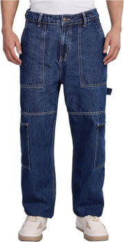 Men's Carpenter Baggy Jeans Mid-Rise 100% Cotton Contrast Stitch 6 Pocket Styling Baggy Jeans for Man Cargo for Men - Denim Divine