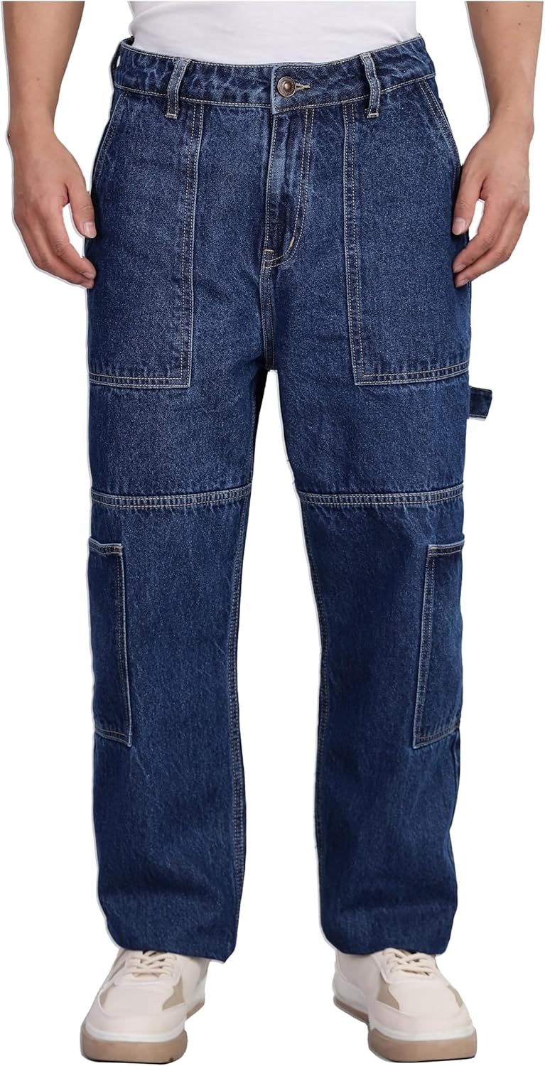 Men's Carpenter Baggy Jeans Mid-Rise 100% Cotton Contrast Stitch 6 Pocket Styling Baggy Jeans for Man Cargo for Men - Denim Divine
