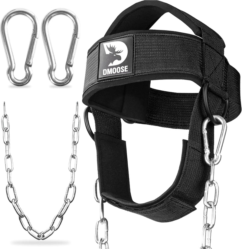 DMoose Neck Harness for Weight Lifting - 30" Heavy Duty Steel Chain - Neck Exerciser, Trainer & Strengthener for Injury Recovery Support & Workout- Adjustable Head & Chin Strap