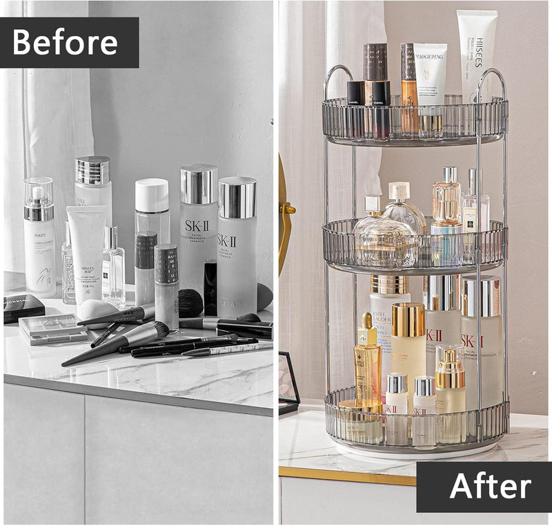 LENDIS Rotating Makeup Organizer Dressing Table 3 Tiers, Large Capacity Skin Care Transparent Makeup Storage Perfume Organizer Makeup Dresser Organizer Countertop 360 Rotation (Gray)