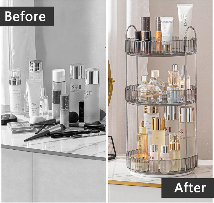 LENDIS Rotating Makeup Organizer Dressing Table 3 Tiers, Large Capacity Skin Care Transparent Makeup Storage Perfume Organizer Makeup Dresser Organizer Countertop 360 Rotation (Gray)