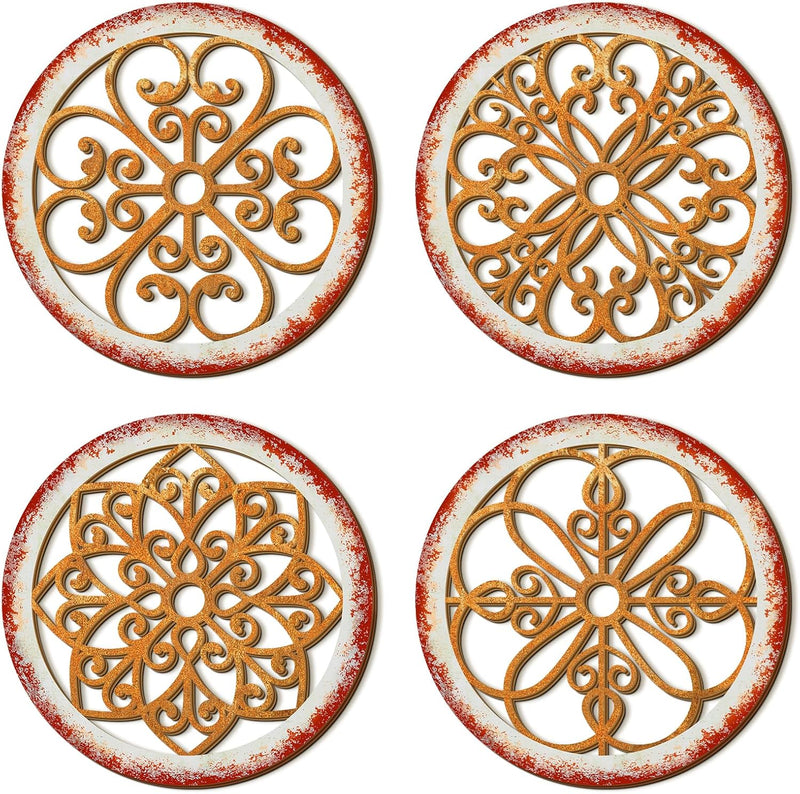Yulejo 4 Pcs Thicken Rustic Wall Decor Farmhouse Wall Art Wooden Hollow Carved Design Decor Rustic Round Wall Art for Living Room Bedroom Hallway Decor Kitchen Wall (Black, Brown,9.8 x 9.8 Inch)