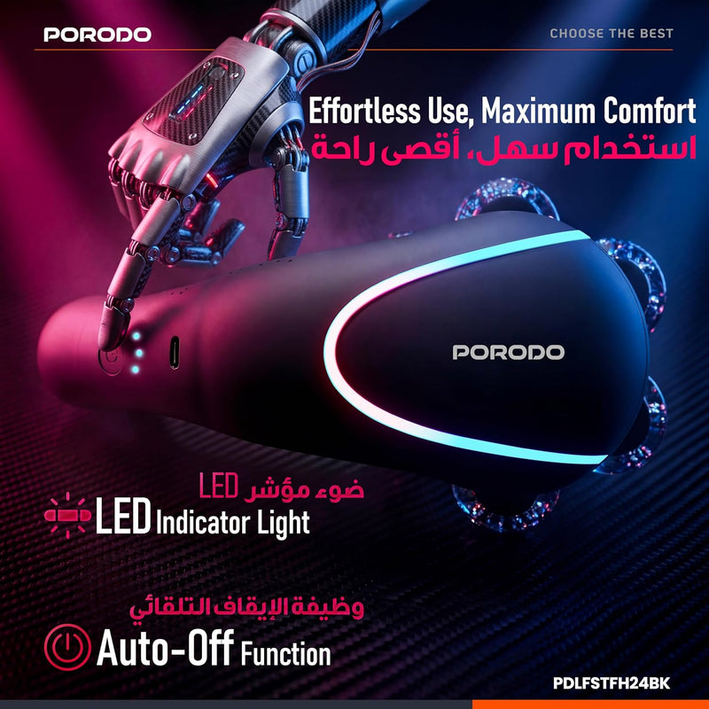 Porodo Relieva Electric Roller Massager, 3-Speed Cordless Muscle Massage Roller with 6 Free-Spinning Intensive Rollers, Handheld Ergonomic Deep Tissue Therapy Device for Leg, Arm, Neck Relief - Black
