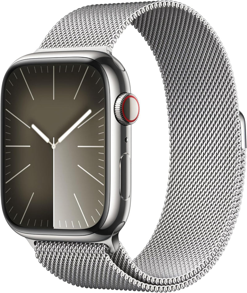 New Apple Watch Series 9 [GPS + Cellular 45mm] Smartwatch with Silver Stainless steel Case with Silver Milanese Loop One Size. Fitness Tracker, Blood Oxygen & ECG Apps, Water Resistant