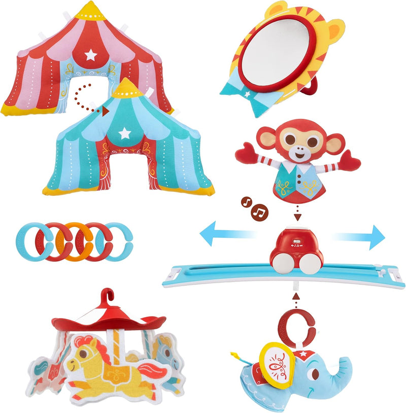 Yookidoo Circus Baby Playmat Gym. with Musical Motorized Mobile, Tummy Time Pillow, Mirror, and Newborn Textured Animal Figures. Infant Activity for 0-12 Month.