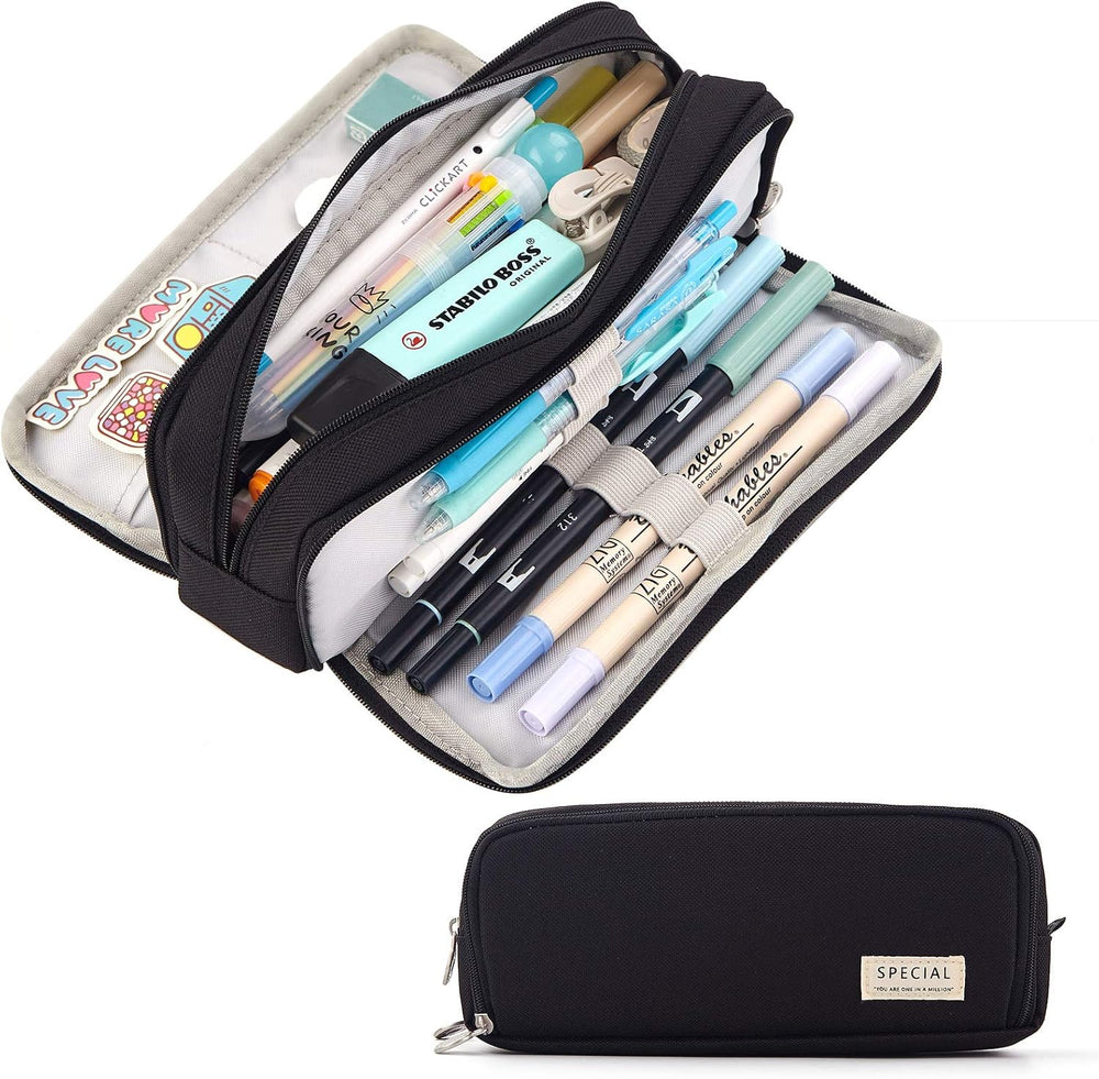 Large Capacity Pencil Case 3 Compartment Pouch, Pen Bag for School Teen Girl Boy Men Women (Black)