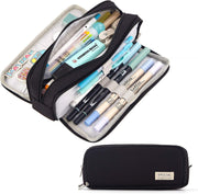 Large Capacity Pencil Case 3 Compartment Pouch, Pen Bag for School Teen Girl Boy Men Women (Black)