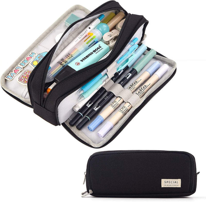 Large Capacity Pencil Case 3 Compartment Pouch, Pen Bag for School Teen Girl Boy Men Women (Black)