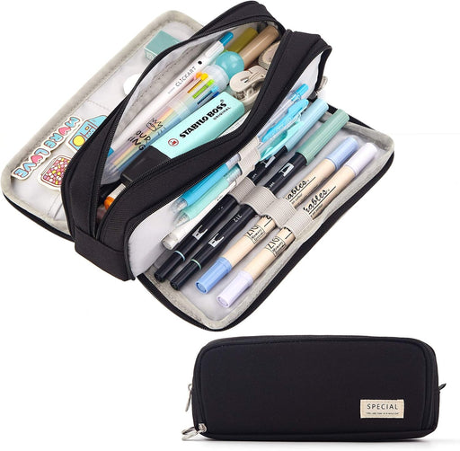 Large Capacity Pencil Case 3 Compartment Pouch, Pen Bag for School Teen Girl Boy Men Women (Black)