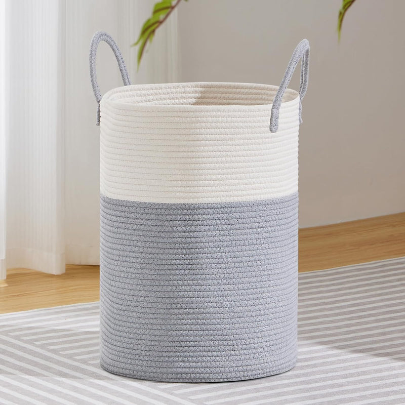 VIPOSCO Large Laundry Hamper, Tall Woven Rope Storage Basket for Blanket, Toys, Dirty Clothes in Living Room, Bathroom, Bedroom - 58L White & Brown - 72L Grey