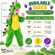Doodle Kiddo Dinosaur Costume for Kids 3-8 Years, Green Hooded Dino Jumpsuit for Boys & Girls, Animal Costume, Halloween Fancy Dress Outfit, Dinosaur Party, Cosplay & Role Play
