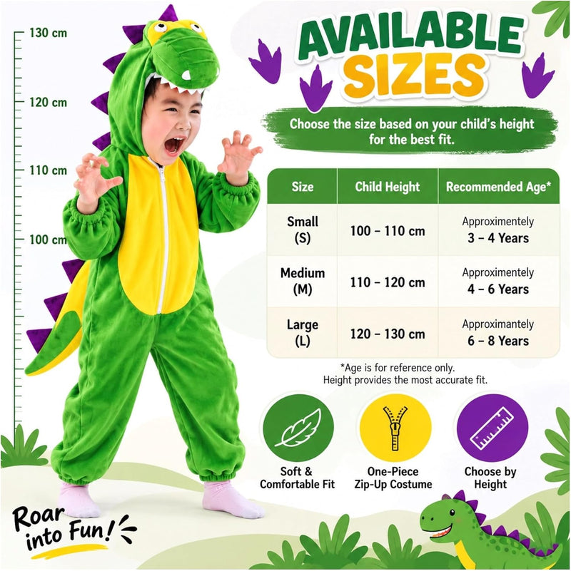 Doodle Kiddo Dinosaur Costume for Kids 3-8 Years, Green Hooded Dino Jumpsuit for Boys & Girls, Animal Costume, Halloween Fancy Dress Outfit, Dinosaur Party, Cosplay & Role Play