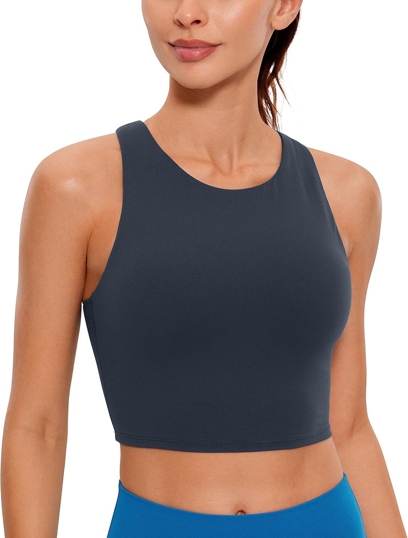 CRZ YOGA Butterluxe Womens Racerback High Neck Longline Sports Bra - Padded Workout Crop Tank Tops with Built in Shelf Bra