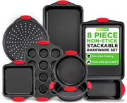 NutriChef Non-Stick Kitchen Oven Baking Pans-Deluxe & Stylish Nonstick Gray Coating Inside Outside, Commercial Grade Restaurant Quality Metal Bakeware with Red Silicone Handles NCSBS8S, 8 Piece Set - 8 Piece Set