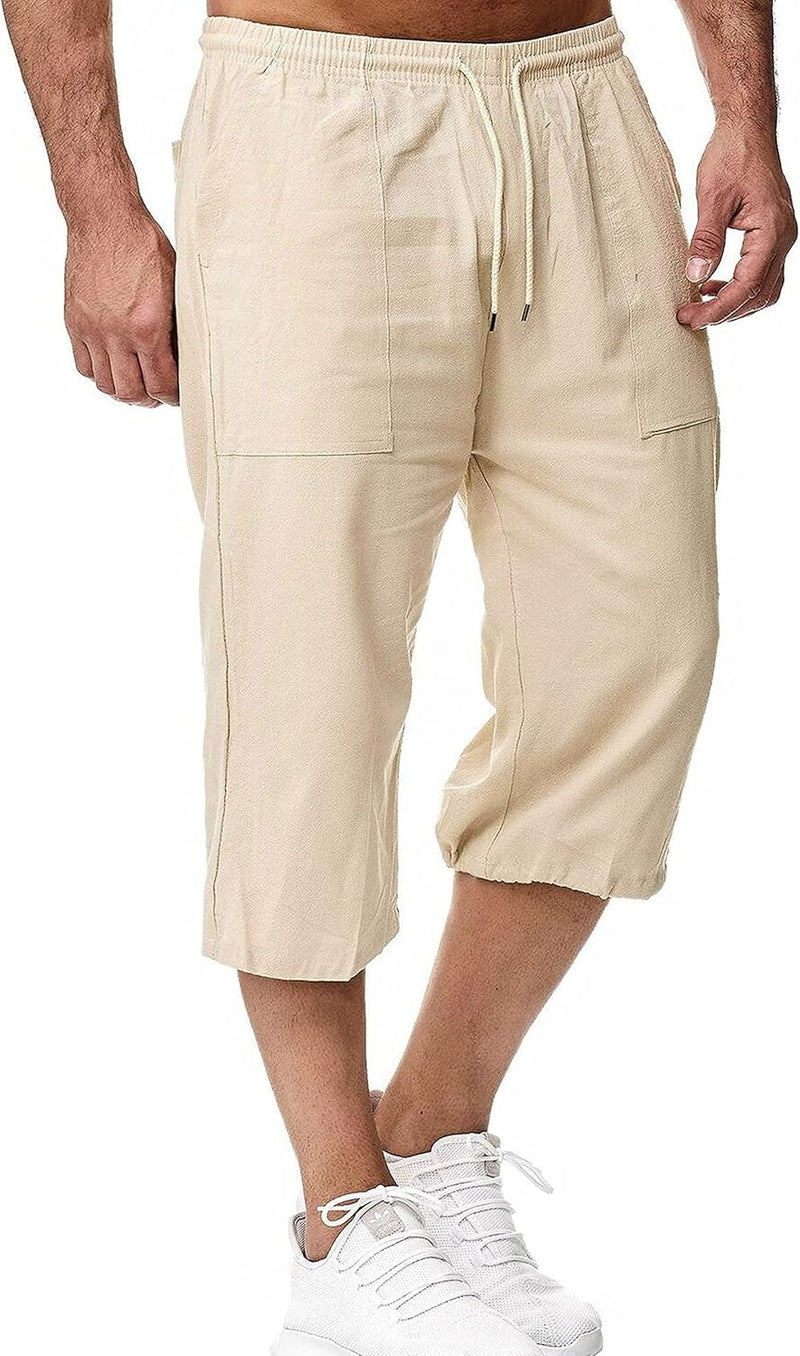 Men's Long Linen Shorts Below Knee Pocketed 3/4 Summer Drawstring Capri Pant - Khaki
