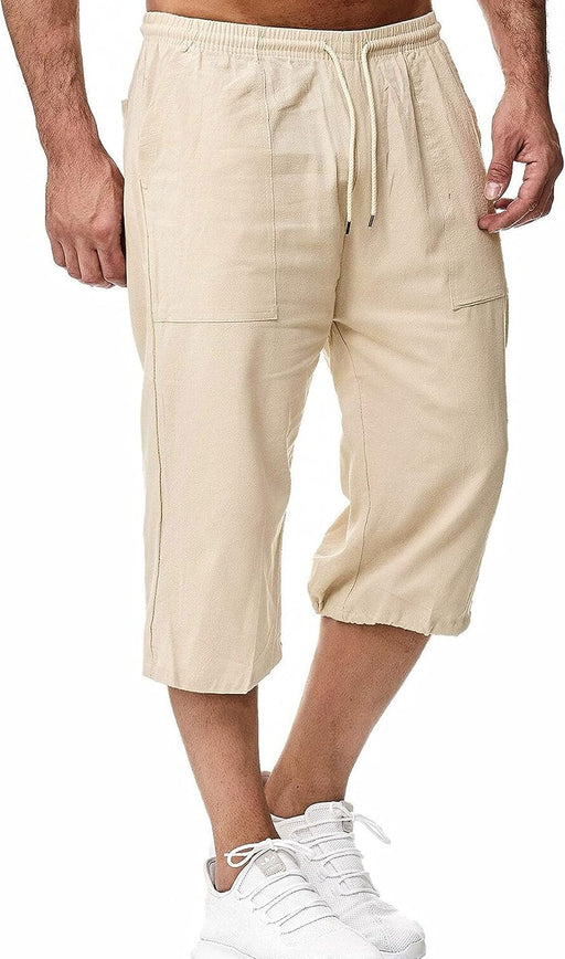 Men's Long Linen Shorts Below Knee Pocketed 3/4 Summer Drawstring Capri Pant - Khaki