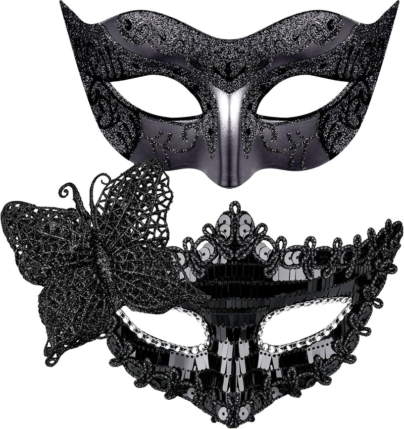Couple Masquerade Masks Set Venetian Party Mask Costume Mask - Black Sequins