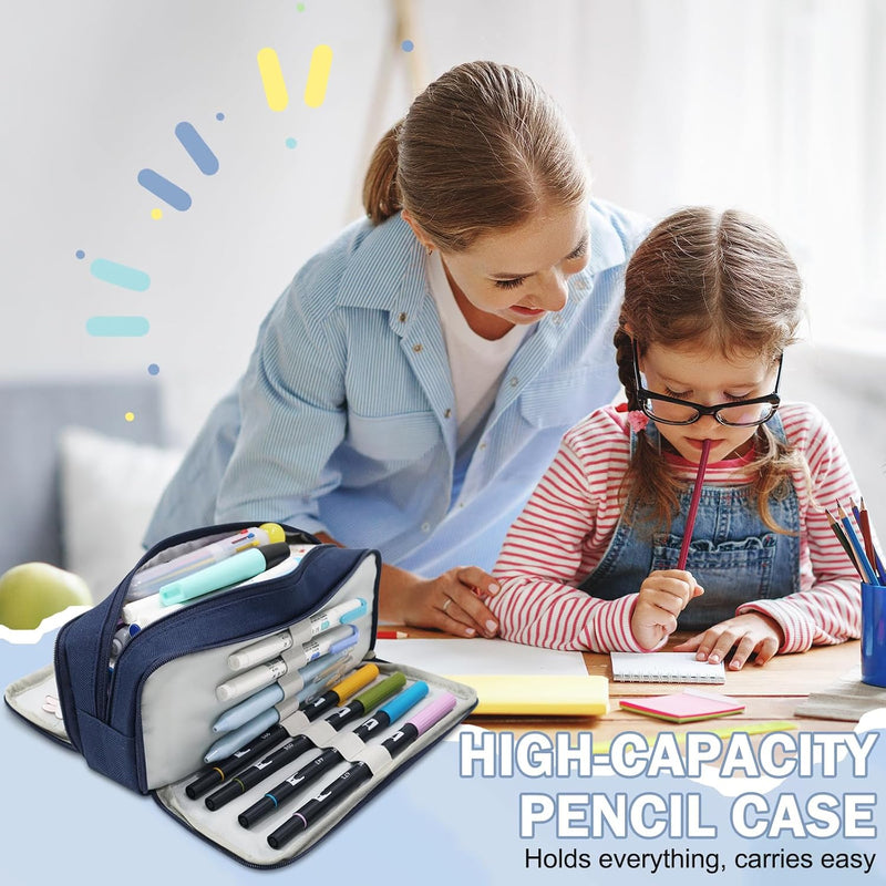 Cicimelon Pencil Case Large Capacity Pouch 3 Compartments Bag Gift For Students Girls Adults Women (Navy)