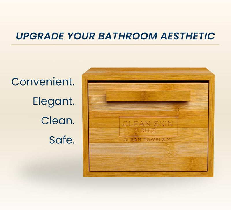 Clean Skin Club Clean Luxe Bamboo Box with Drawer & Towels XL, Face Towel, Disposable Makeup Remover Dry Wipes, Facial Wash (Bamboo Container Drawer)