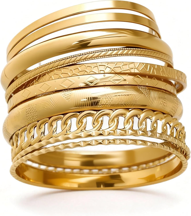 Gold Bangle Bracelets for Women, 14K Gold Plated Stackable Indian Bangles Set, Multi Layer Textured Chunky Boho Jewelry