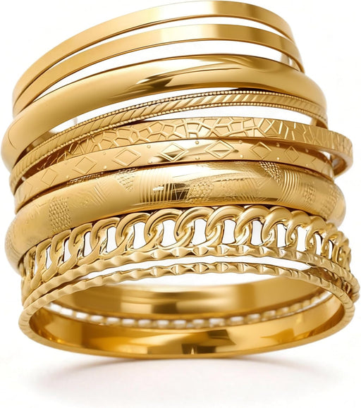 Gold Bangle Bracelets for Women, 14K Gold Plated Stackable Indian Bangles Set, Multi Layer Textured Chunky Boho Jewelry