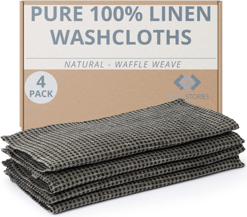 100% Linen Exfoliating Face Cloths - 6-Pack 10x10-inch Reusable Wash Clothes for Your Face - Facial Cleansing Cloth Waffle Weave Natural Fiber Washcloths - Small Face Towels for Women - Washcloths Black-natural