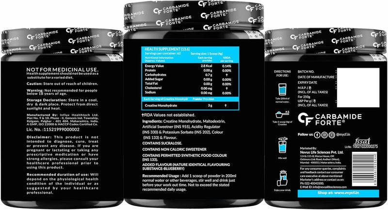 Carbamide Forte Micronised Creatine Monohydrate Powder Creatine powder for men and women Creatine Supplement for Lean Muscle Volumization, Strength & Energy-Blueberry- 62 Servings - 250 Grams
