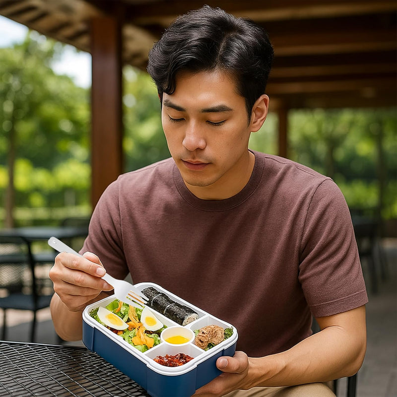Bento Lunch Box -Leakproof, BPA-Free, Airtight Tiffin with Spoon & Fork- 5 Compartments, 1100ml, Microwave Safe Bento Box For Kids & Adults - Ideal for School & Office (Blue)