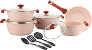 Prestige Essentials Granite 12 Piece Non-Stick Cast Aluminium Cookware sets Induction Compatible Pots and Pans Set Green - PR80963 - Pink