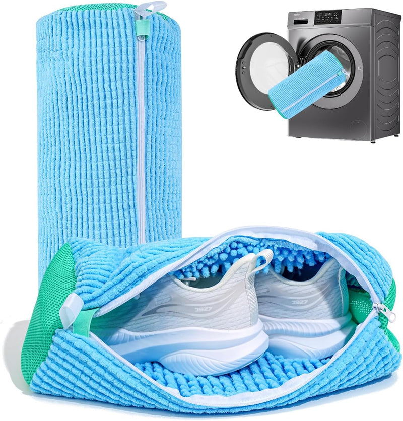 MOMENT Large Shoe Washing Machine Bag, 38x18cm Chenille Microfiber Sneaker Laundry Bag, 360 Scrubbing Deep Cleaning Reusable Shoe Washing Bags for Trainers, Sport Running Shoes (Yellow) - Blue Jumbo