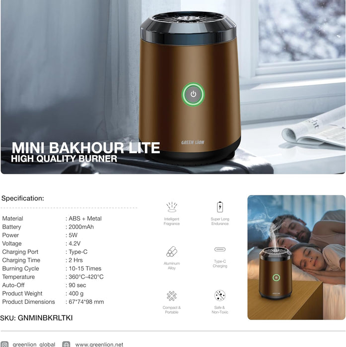 Green Lion Smart Bakhour Rechargeable Electric Car Incense Burner, USB-C Portable Mini Burner, Aluminum Alloy Design, Strong Power for Fast Burning, Long-Lasting Fragrance - Green