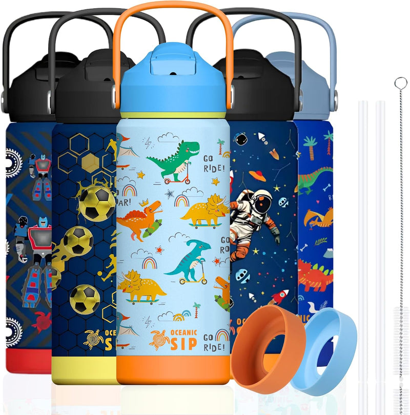 Boys Stainless Steel Water Bottle 550ml 18oz Double-Wall Vacuum Insulated 304 Stainless steel Water Bottle BPA FREE Leak Proof (Football, 550ml) - Playful Dinos 550 ml