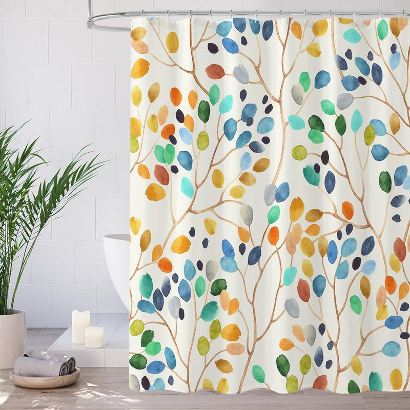 Tazweeq Floral Shower Curtain for Bathroom, Colorful Leaves Fabric Shower Curtain, Abstract Watercolor Painting Cute Botanical Decorative Shower Curtain Set with Hooks (180×180cm)