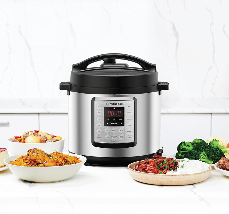 Nutricook Smart Pot Eko, 1000 Watts - 9 In 1 Instant Programmable Electric Pressure Cooker, 6 Liters, 14 Smart Programs, Brushed Stainless Steel/Black, 2 Years Warranty, Silver/Black