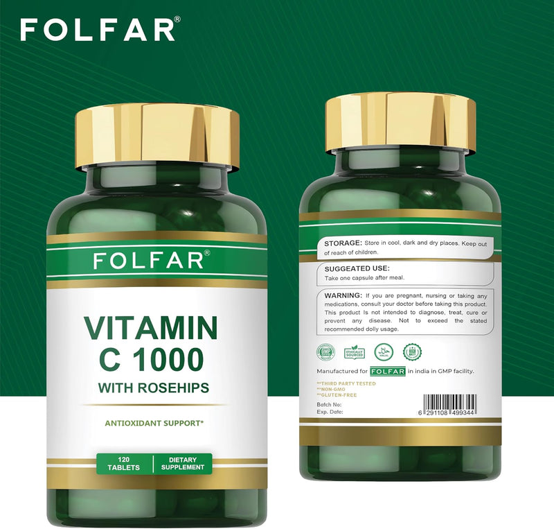 Vitamin C - 1000mg (120 Tablets) With Rose Hips Antioxidant Protection, Boost Immune System & Supports Healthy Skin 120 DaysSupply Ascorbic Acid Supplement Non- GMO, Gluten Free